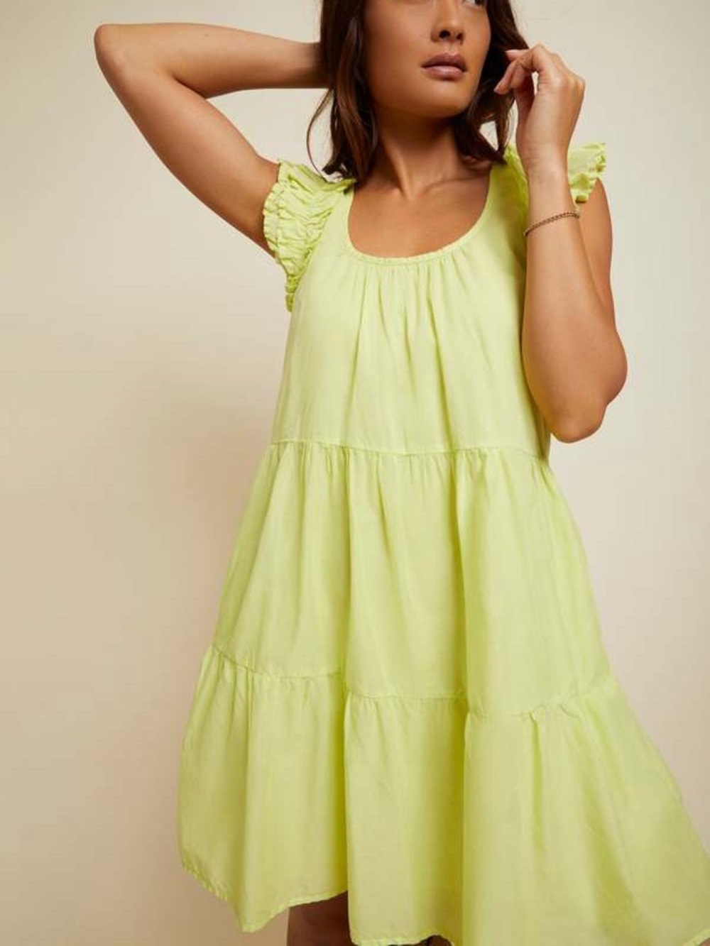 NATION LTD luella tiered mini dress in tennis ball neon yellow